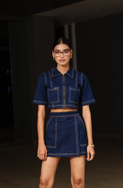 Raw Washed Denim Set With Skort