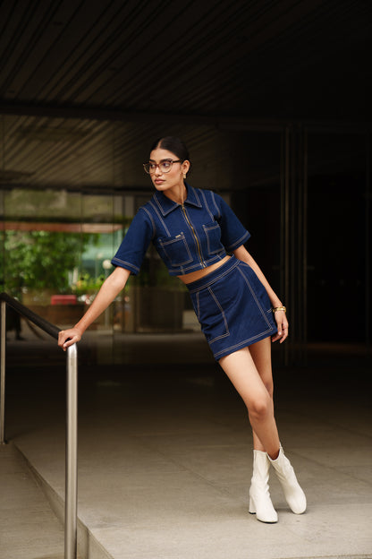 Raw Washed Denim Set With Skort