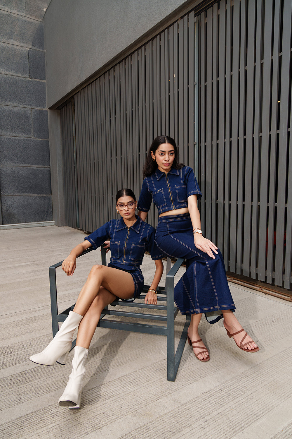 Raw Washed Denim Set With Long Skirt