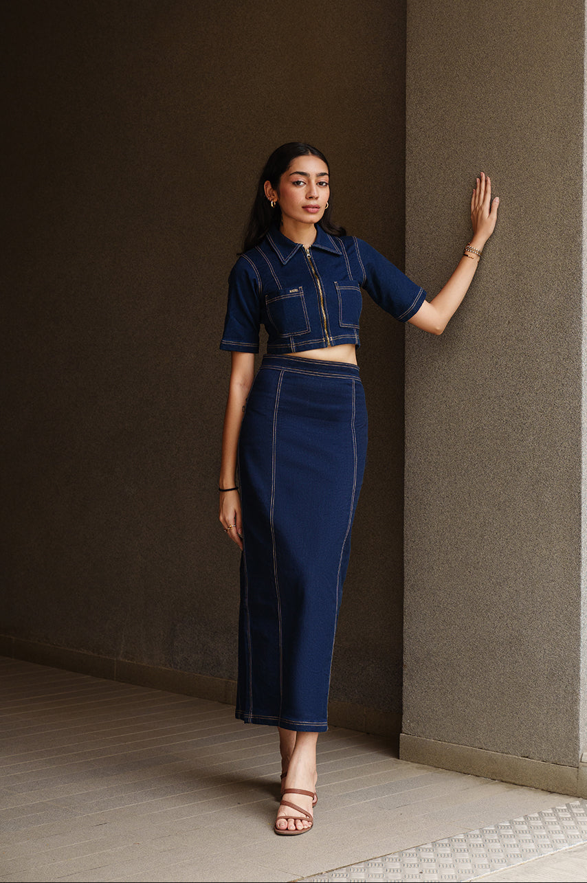 Raw Washed Denim Set With Long Skirt