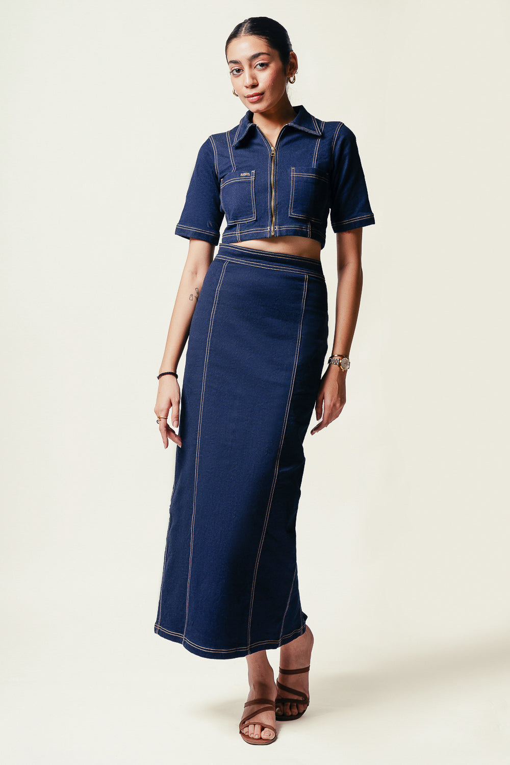 Raw Washed Denim Set With Long Skirt