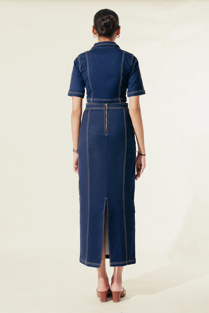 Raw Washed Denim Set With Long Skirt